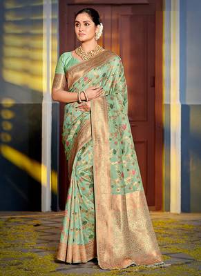Mint green banarasi silk blend saree with rich gold zari floral weaving 1