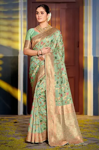 Mint green banarasi silk blend saree with rich gold zari floral weaving