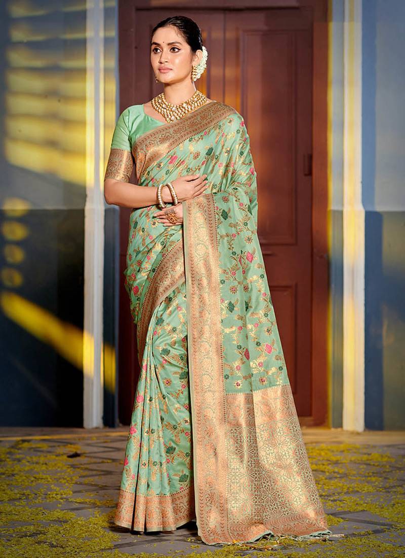 Mint green banarasi silk blend saree with rich gold zari floral weaving