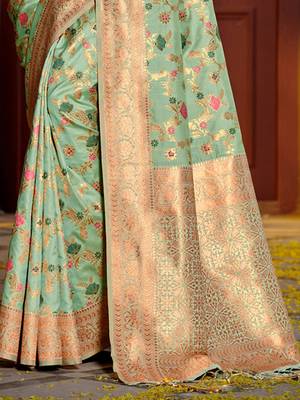 Mint green banarasi silk blend saree with rich gold zari floral weaving 2