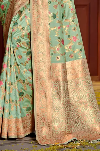 Mint green banarasi silk blend saree with rich gold zari floral weaving