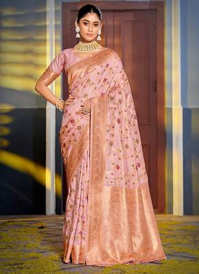 Baby pink banarasi silk blend saree with rich gold zari floral weaving 1