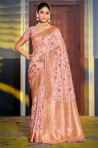 Baby pink banarasi silk blend saree with rich gold zari floral weaving