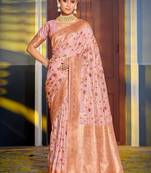 Baby pink banarasi silk blend saree with rich gold zari floral weaving