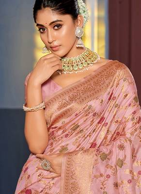 Baby pink banarasi silk blend saree with rich gold zari floral weaving 2