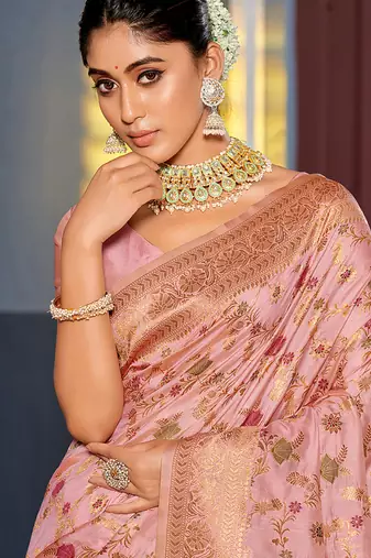 Baby pink banarasi silk blend saree with rich gold zari floral weaving
