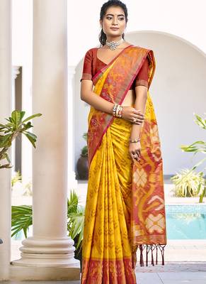 Mustard & maroon woven pochampally silk blend saree with unstitched blouse piece 1