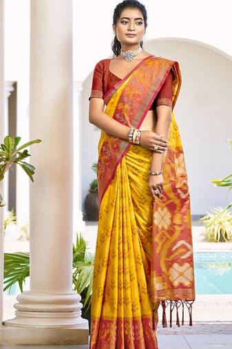 Mustard & maroon woven pochampally silk blend saree with unstitched blouse piece