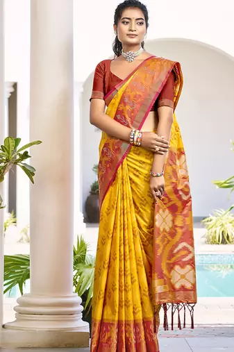Mustard & maroon woven pochampally silk blend saree with unstitched blouse piece