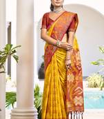 Mustard & maroon woven pochampally silk blend saree with unstitched blouse piece