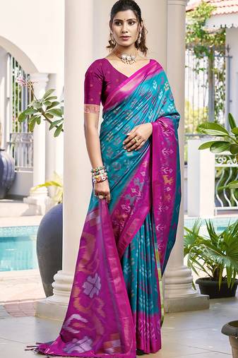 Teal blue & magenta woven pochampally silk blend saree with unstitched blouse piece