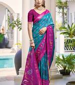 Teal blue & magenta woven pochampally silk blend saree with unstitched blouse piece