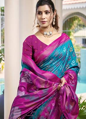 Teal blue & magenta woven pochampally silk blend saree with unstitched blouse piece 2