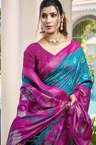 Teal blue & magenta woven pochampally silk blend saree with unstitched blouse piece