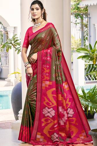 Olive green & rani pink woven pochampally silk blend saree with unstitched blouse piece