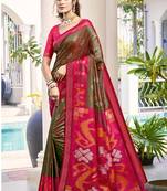 Olive green & rani pink woven pochampally silk blend saree with unstitched blouse piece