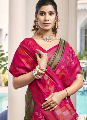 Olive green & rani pink woven pochampally silk blend saree with unstitched blouse piece 2