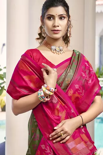 Olive green & rani pink woven pochampally silk blend saree with unstitched blouse piece