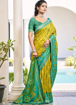 Mustard & sea green woven pochampally silk blend saree with unstitched blouse piece 1