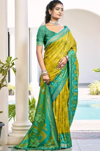 Mustard & sea green woven pochampally silk blend saree with unstitched blouse piece