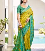 Mustard & sea green woven pochampally silk blend saree with unstitched blouse piece