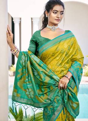 Mustard & sea green woven pochampally silk blend saree with unstitched blouse piece 2