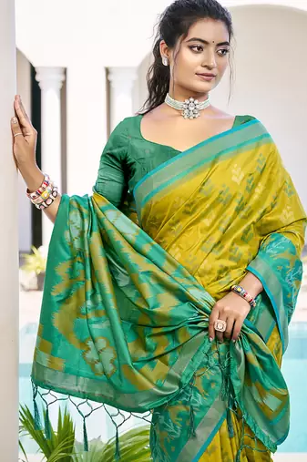 Mustard & sea green woven pochampally silk blend saree with unstitched blouse piece