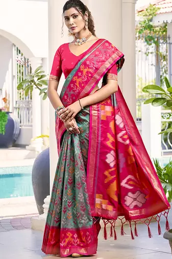 Grey & rani pink woven pochampally silk blend saree with unstitched blouse piece