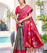 Grey & rani pink woven pochampally silk blend saree with unstitched blouse piece