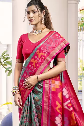 Grey & rani pink woven pochampally silk blend saree with unstitched blouse piece