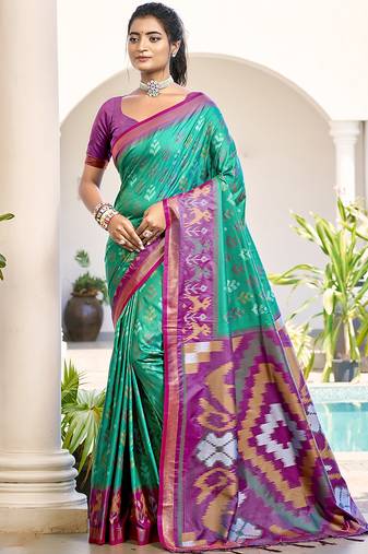 Sea green & purple woven pochampally silk blend saree with unstitched blouse piece
