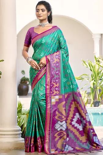 Sea green & purple woven pochampally silk blend saree with unstitched blouse piece