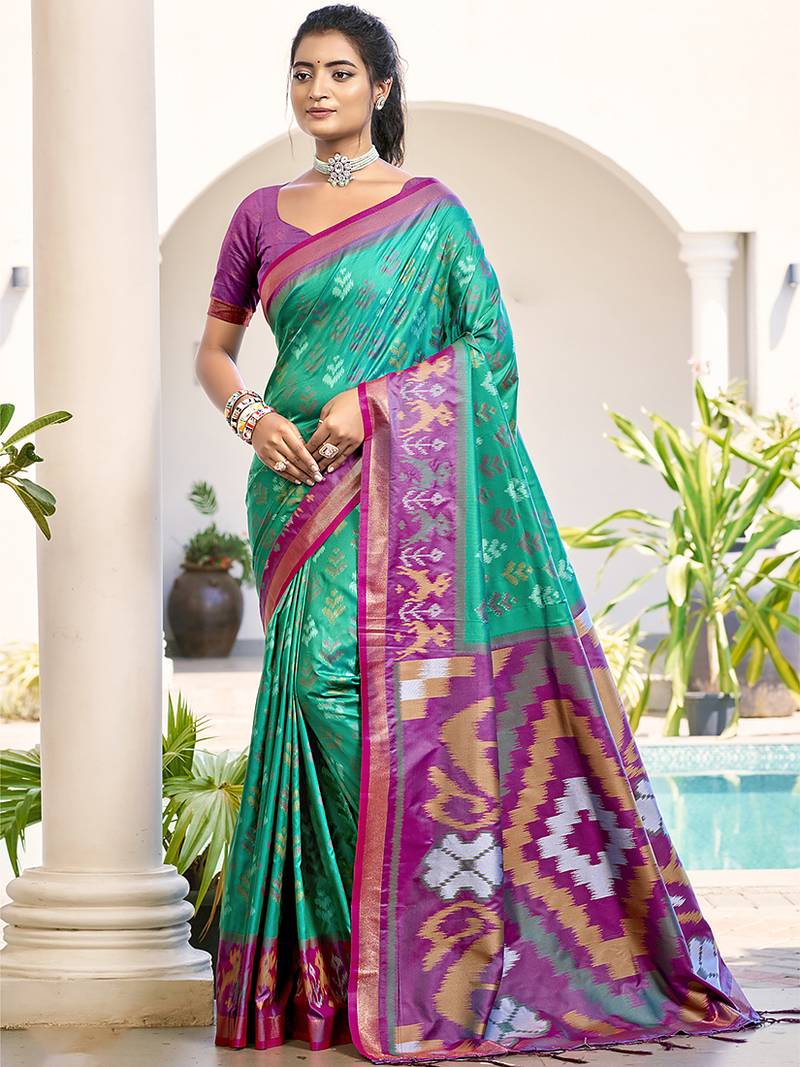 Sea green & purple woven pochampally silk blend saree with unstitched blouse piece