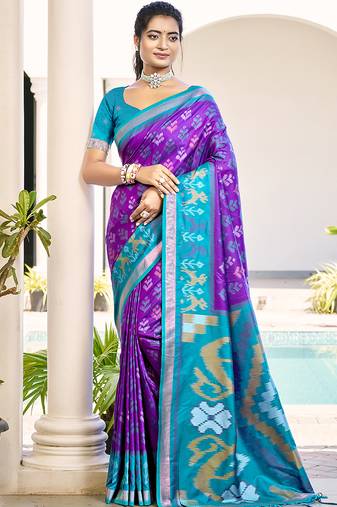 Purple & sky blue woven pochampally silk blend saree with unstitched blouse piece