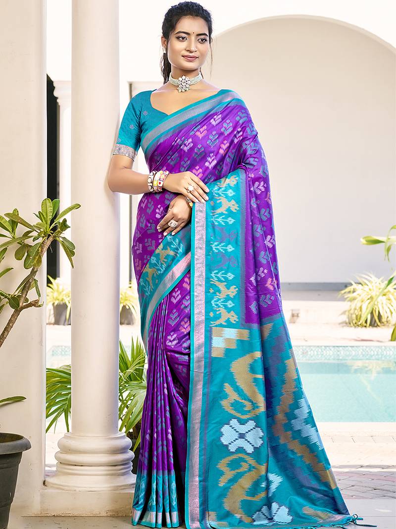 Purple & sky blue woven pochampally silk blend saree with unstitched blouse piece