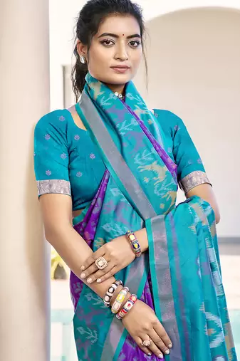 Purple & sky blue woven pochampally silk blend saree with unstitched blouse piece