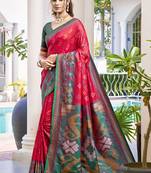 Red & dark green woven pochampally silk blend saree with unstitched blouse piece