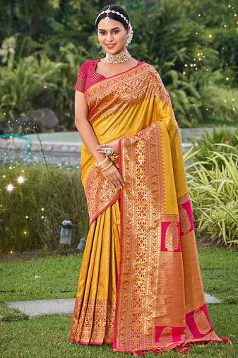 Mustard banarasi silk blend woven saree with unstitched blouse piece