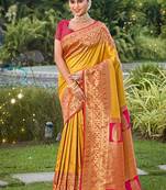 Mustard banarasi silk blend woven saree with unstitched blouse piece