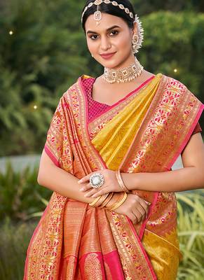 Mustard banarasi silk blend woven saree with unstitched blouse piece 2