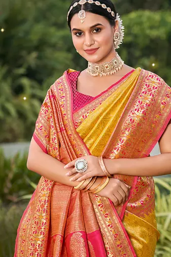 Mustard banarasi silk blend woven saree with unstitched blouse piece