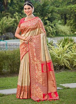 Cream banarasi silk blend woven saree with unstitched blouse piece 1
