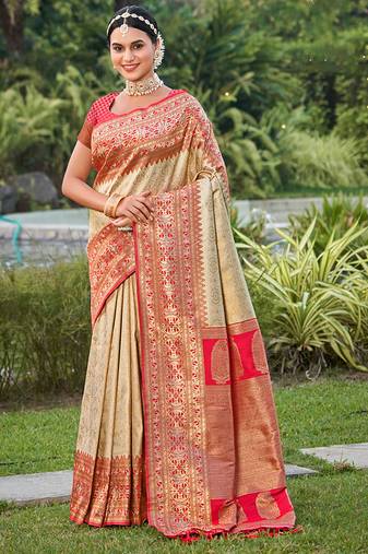 Cream banarasi silk blend woven saree with unstitched blouse piece