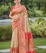 Cream banarasi silk blend woven saree with unstitched blouse piece