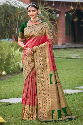 Coral pink banarasi silk blend woven saree with unstitched blouse piece