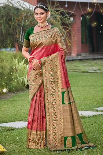 Coral pink banarasi silk blend woven saree with unstitched blouse piece