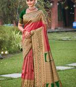 Coral pink banarasi silk blend woven saree with unstitched blouse piece