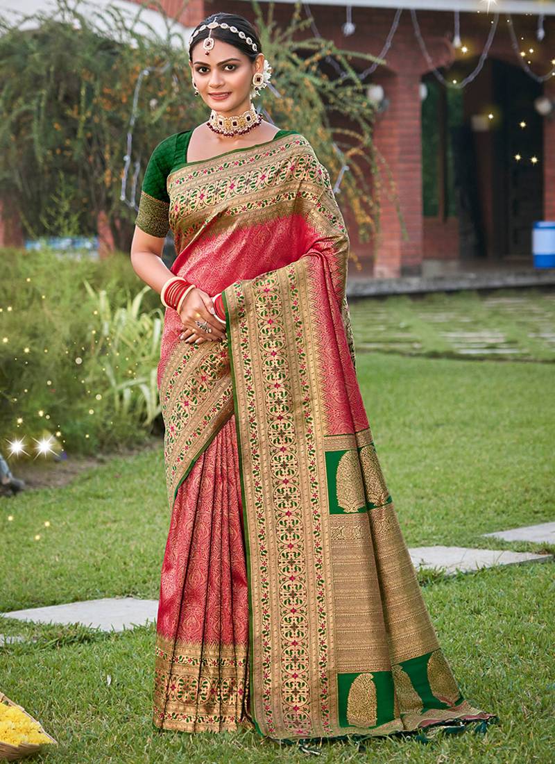 Coral pink banarasi silk blend woven saree with unstitched blouse piece