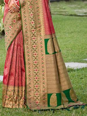 Coral pink banarasi silk blend woven saree with unstitched blouse piece 2