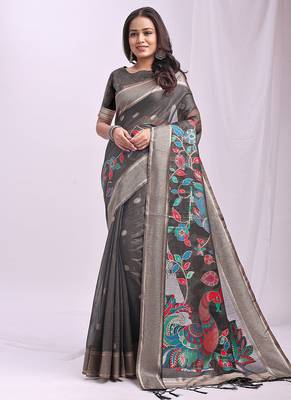 Grey handwoven linen cotton blend saree with multicolor peacock motif pallu & zari border 1
